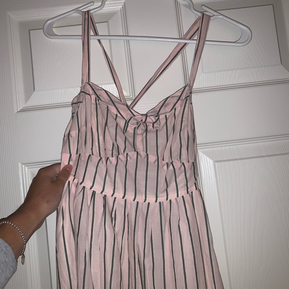 pink and grey striped midi dress